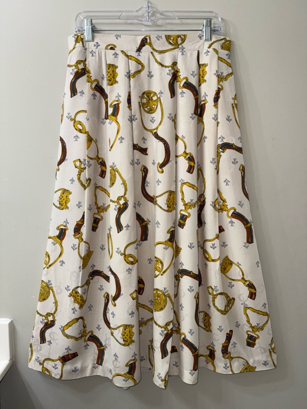 Vintage Equestrian Chain Print Pleated Midi Skirt Sz 16 Old Money Preppy Chic - Picture 5 of 14